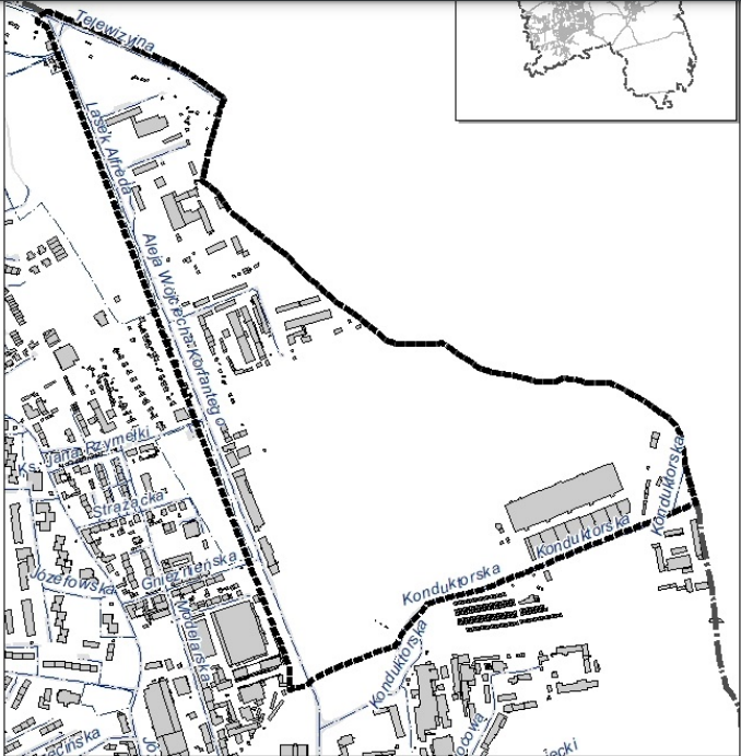 Mapa obszaru w rejonie al. Korfantego, ul. Konduktorskiej i Telewizyjnej, który ma objąć plan zagospodarowania przestrzennego