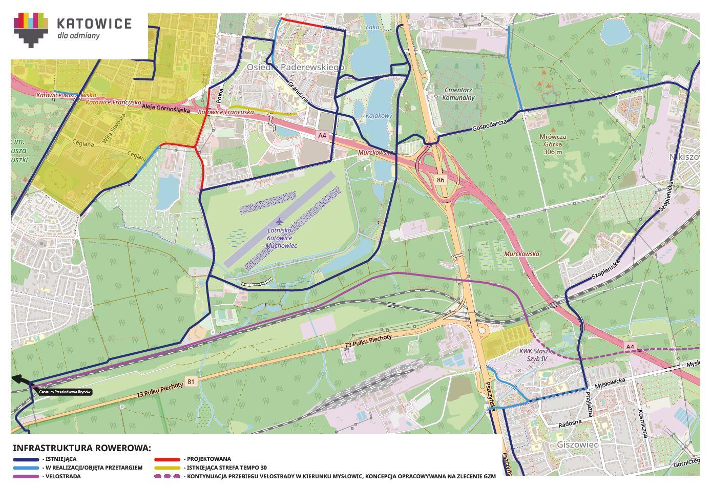Poglądowa mapa infrastruktury rowerowej w rejonie Brynowa i Giszowca