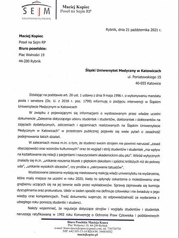 Interwencja posła Macieja Kopca w aferze dot. ubioru studentów SUM-u Interwencja posła Macieja Kopca w aferze dot. ubioru studentów SUM-u