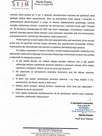 Interwencja posła Macieja Kopca w aferze dot. ubioru studentów SUM-u Interwencja posła Macieja Kopca w aferze dot. ubioru studentów SUM-u