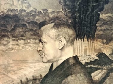 Portret Grażyńskiego ze schodami do nieba. Rysuje Szukalski Portret wojewody Grażyńskiego