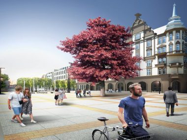 Gorąca strona mocy - pełzająca betonoza – czyli: podest zamiast największego drzewa na Dworcowej. Wizualizacja ul Dworcowej 1024x720