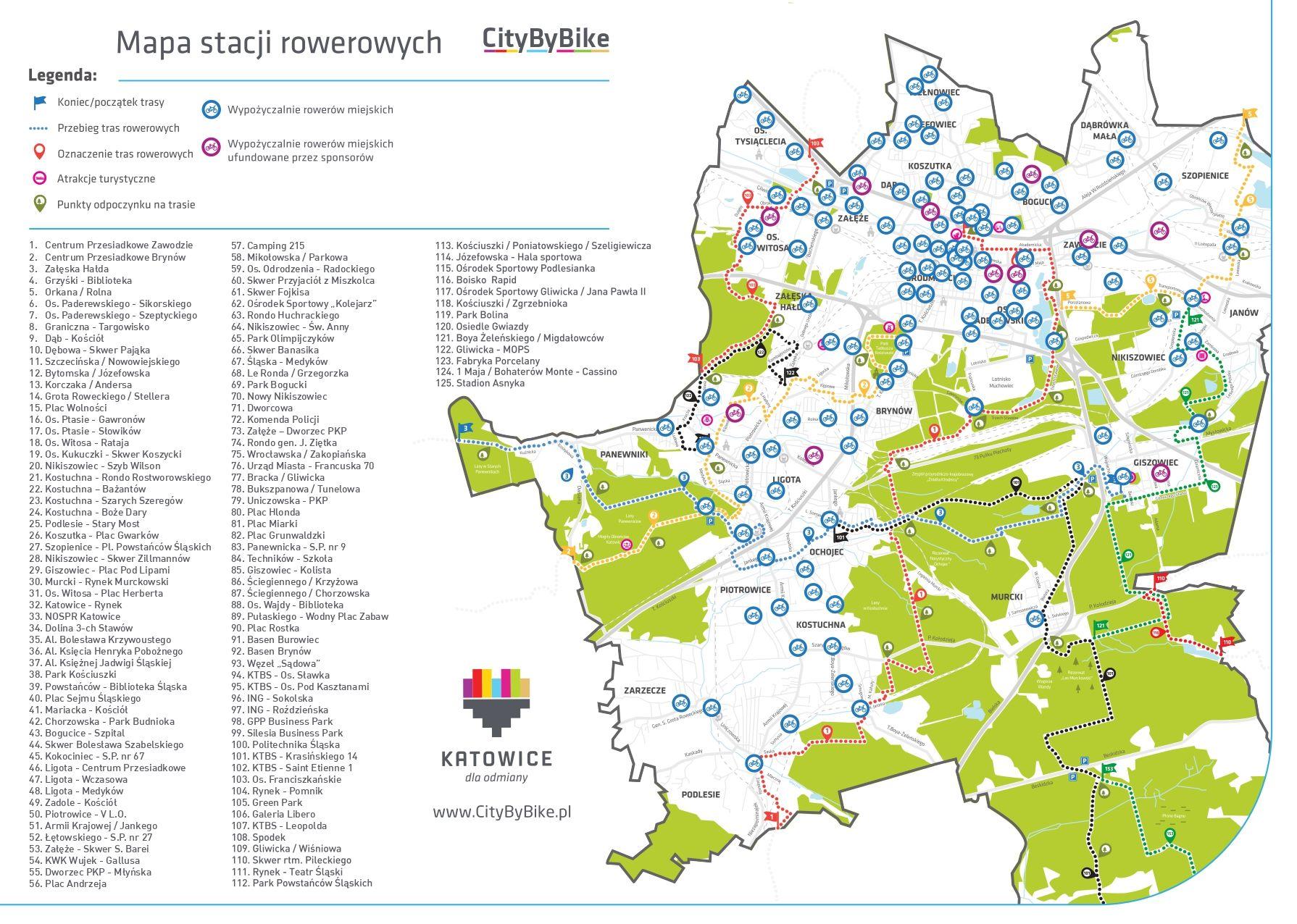 Mapa stacji rowerowych roweru miejskiego w Katowicach 2023