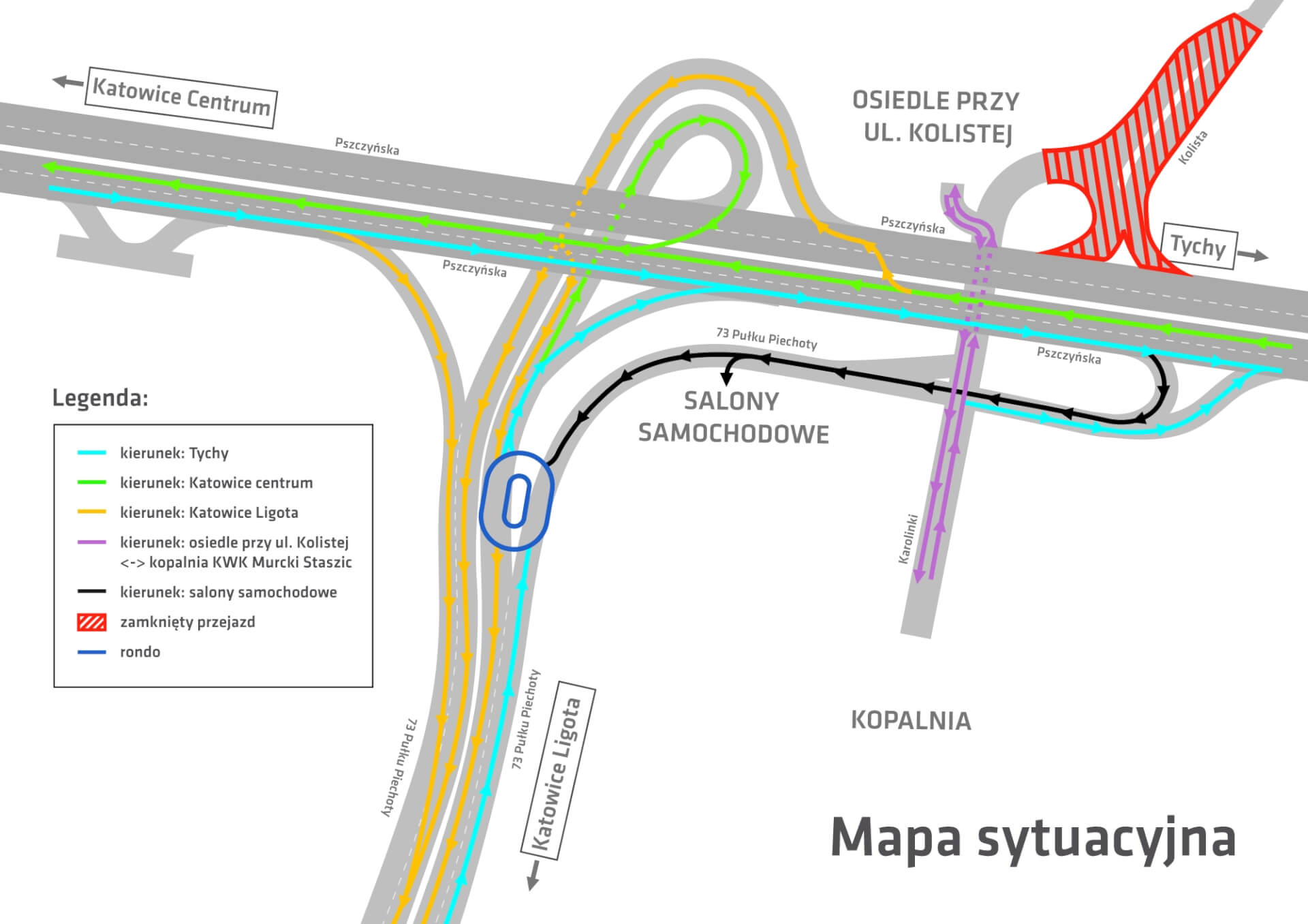 Mapa sytuacyjna, łącznice na węźle Giszowiec