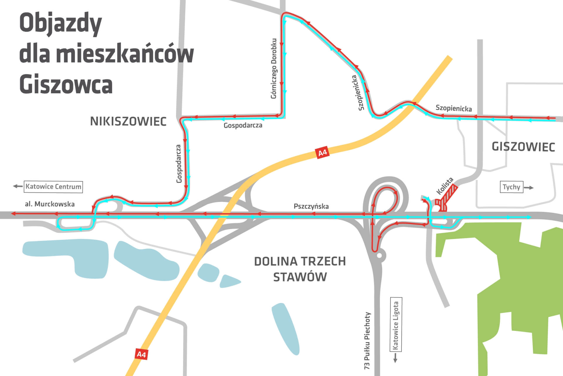 Mapa, objazdy ul. Kolistej. Giszowiec, Katowice