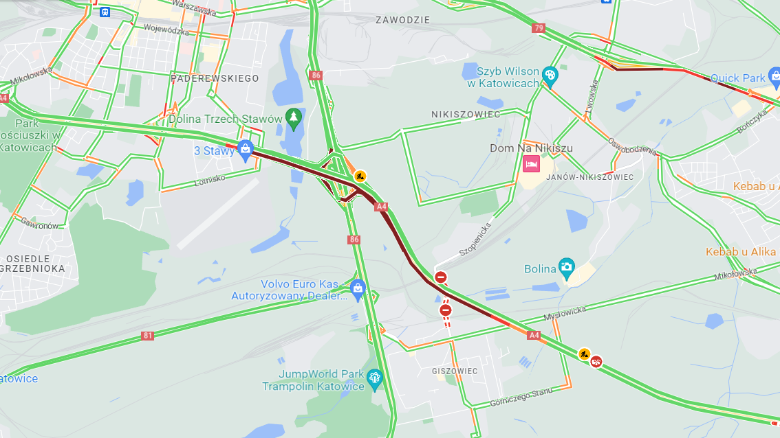 Natężenie ruchu, A4 Katowice, godz. 13:10