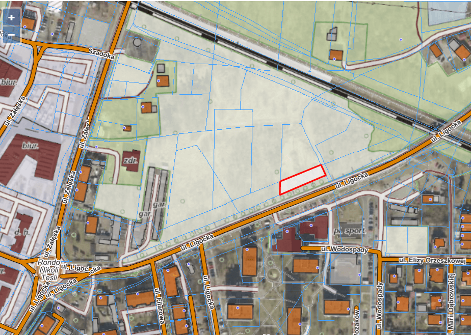 Mapa tej części Katowic z zaznaczonym obrysem działki Stacji Ligocka