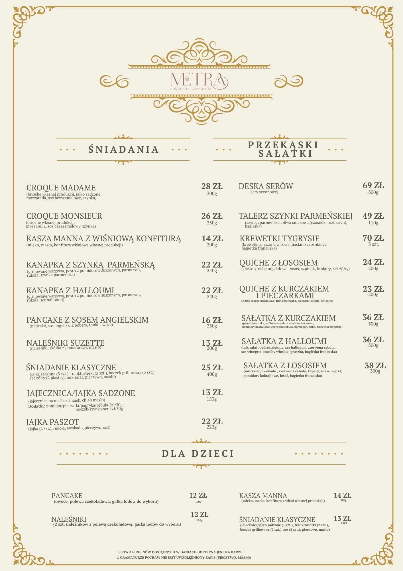 Menu, kawiarnia Metra