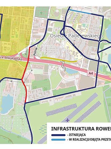 Poglądowa mapa z infrastrukturą rowerową os Paderewskiego i okolicy Poglądowa mapa z infrastrukturą rowerową os Paderewskiego i okolicy